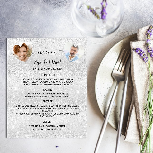 Wedding Menu silver sparkles photo hearts (Creator Uploaded)