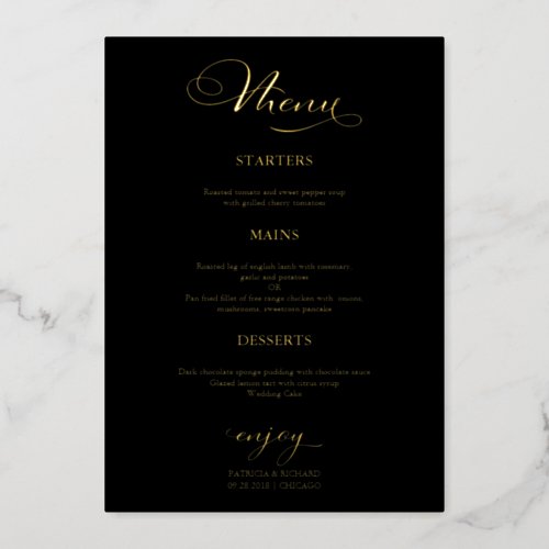 Wedding Menu Simple Elegant Black Gold Foil Invitation