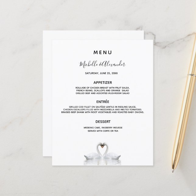 Wedding Menu swan couple white minimalist (Front/Back In Situ)