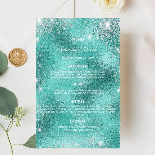 Wedding Menu teal sea green metallic glitter dust