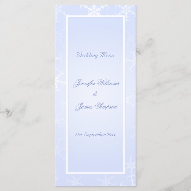 Wedding Menu Template Winter Snowflakes Blue White (Front)