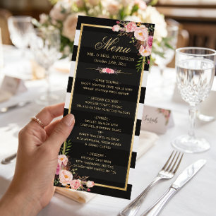 Wedding Menu Vintage Floral Black White Striped