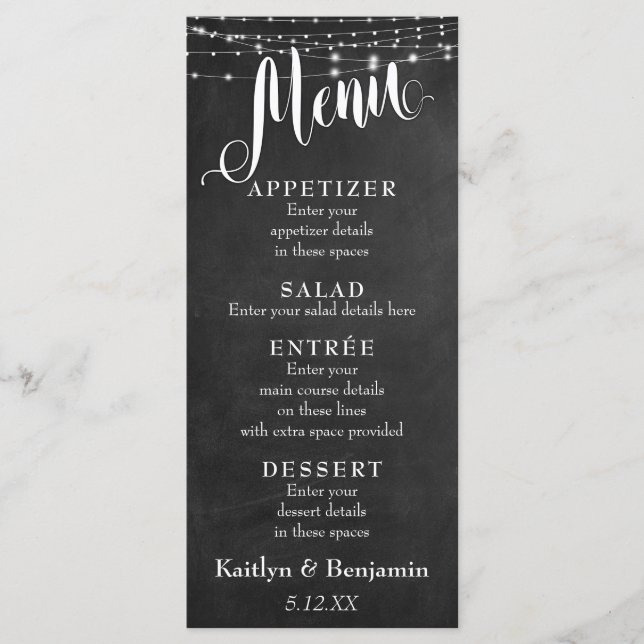 Wedding Menu w/ White Light Strings & Chalkboard (Front)