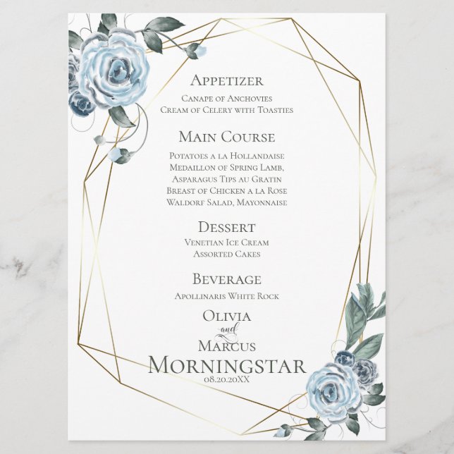 Wedding Menu | Watercolor Dusty Blue Floral (Front)
