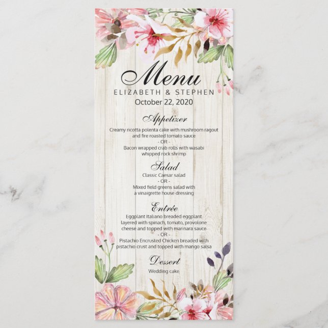 Wedding Menu Watercolor Pink Flowers Rustic Wood (Front)