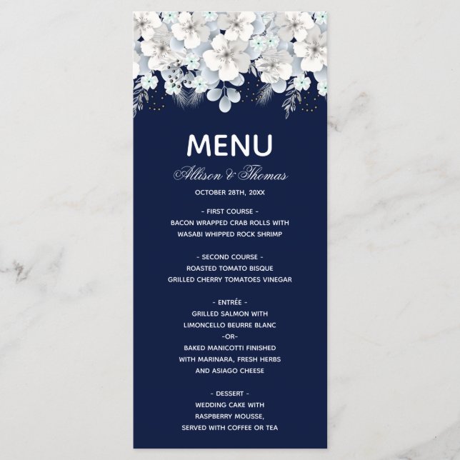 Wedding Menu white flower sakura navy blue (Front)