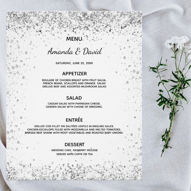 Wedding Menu white silver glitter sparkles budget Flyer (Creator Uploaded)