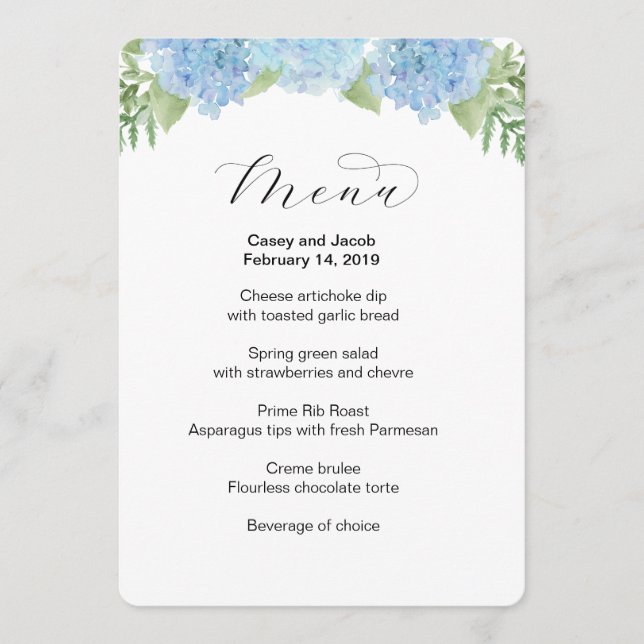 Wedding Menu with blue floral hydrangeas (Front)