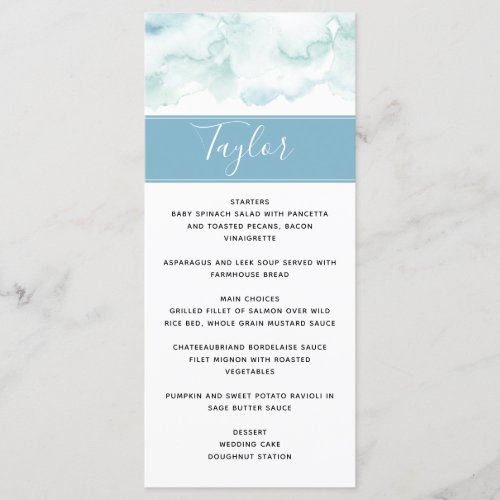 Wedding menu with Guest Name Dusty Blue Watercolor