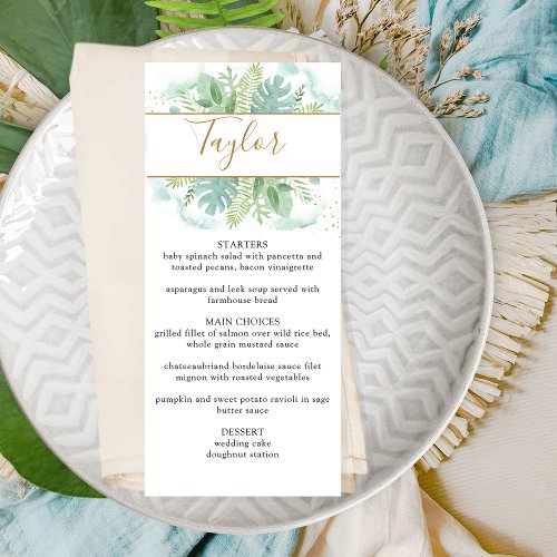 Wedding menu with Guest Name Greenery Watercolor