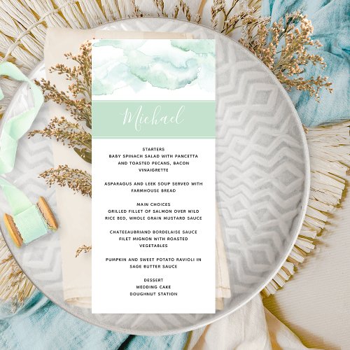 Wedding Menu with Guest Name Pale Green Watercolor