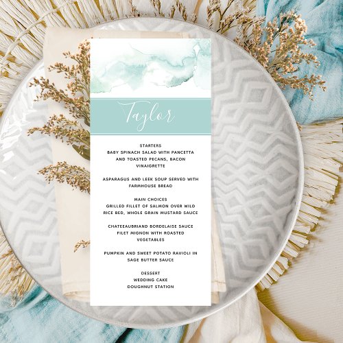 Wedding Menu with Guest Name Turquoise Watercolor