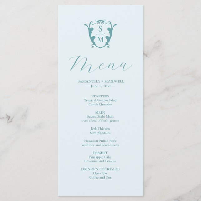 Wedding Menus Simple Monogram Crest Blue (Front)