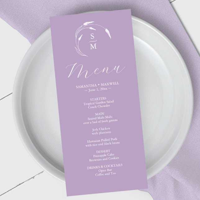 Wedding Menus Simple Monogram Lavender (Wedding menus purple lavender line arty by Victoria Grigaliunas of Do Tell A Belle)