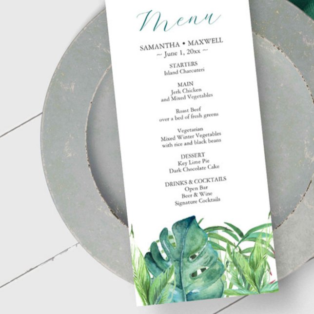 Wedding Menus Tropical Destination Palm Leaves (Wedding menus destination weddings tropical palm leaves watercolor art by Victoria Grigaliunas)