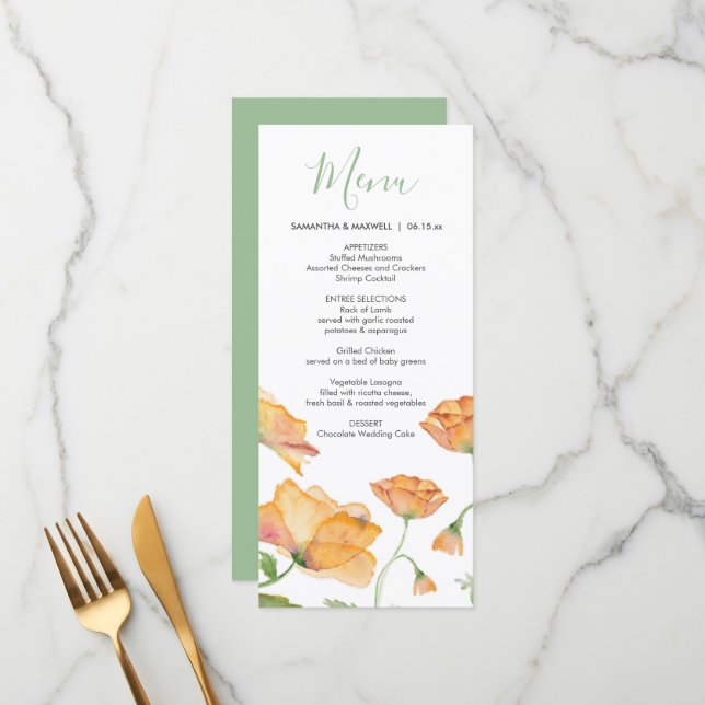 Wedding Menus Watercolor Orange Florals (Front/Back In Situ)