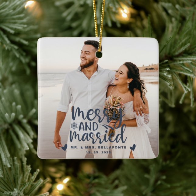 Wedding Merry and Married Christmas Photo Ceramic  Ceramic Ornament (Tree)