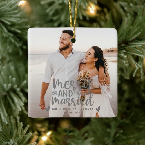 Wedding Merry and Married Christmas Photo Ceramic Ornament