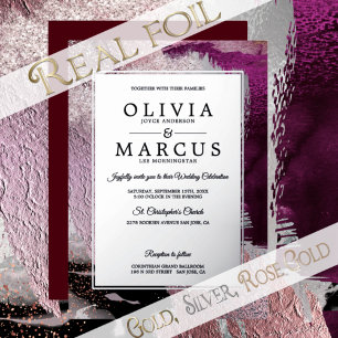 Wedding Metallic Cassis Plum Brush Strokes Foil Invitation
