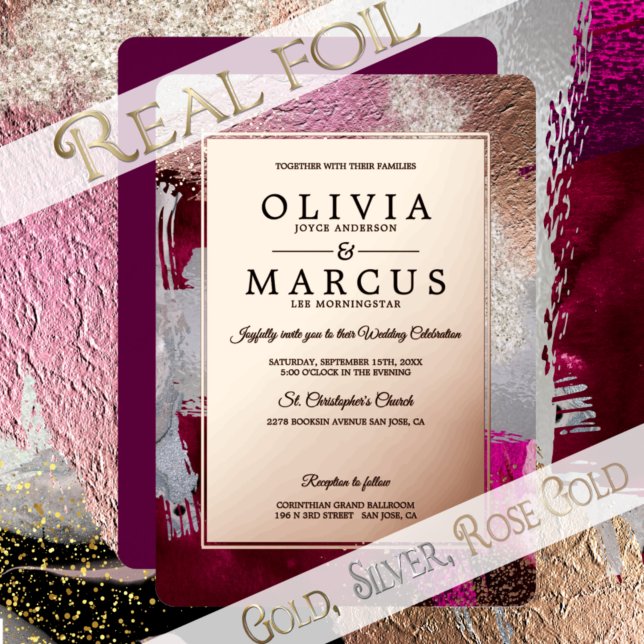 Wedding | Metallic Fuchsia Pearl Brush Strokes Foil Invitation (Creator Uploaded)