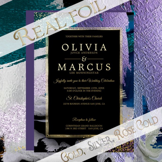 Wedding | Metallic Peacock Teal Brush Strokes Foil Invitation (Creator Uploaded)