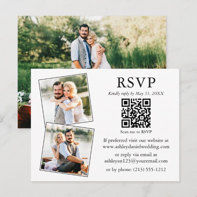 Wedding Minimalist 3 Photo QR RSVP Enclosure Card (Front/Back)