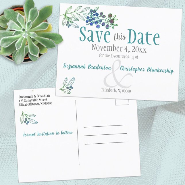 Wedding Minimalist Blue Berries Announcement Postcard (Creator Uploaded)