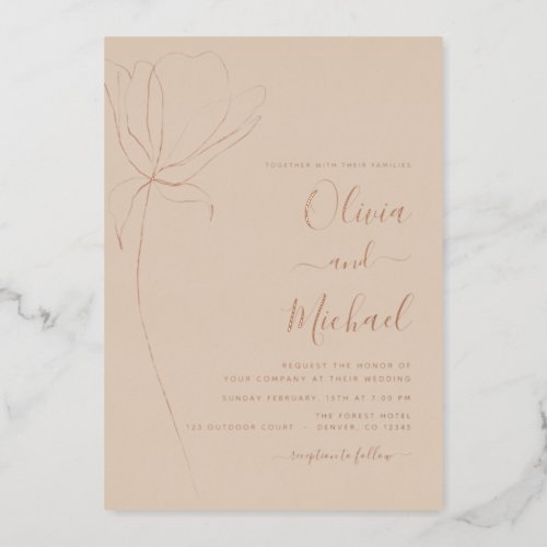 Wedding Minimalist Botanical Floral Line Art Foil Invitation