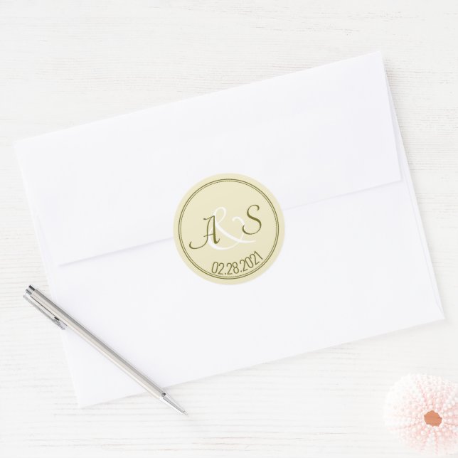 Wedding Minimalist Classic Initials and Date Green Classic Round Sticker (Envelope)