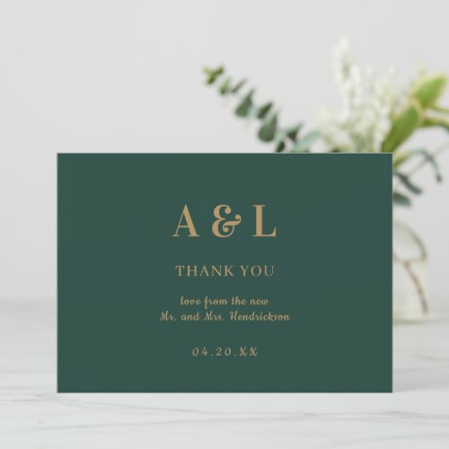 Wedding Minimalist Monogram Emerald Green Gold Thank You Card