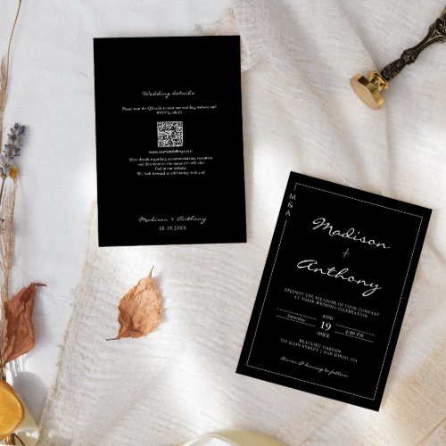 Wedding Minimalist Monogram Frame QR Code  Invitation