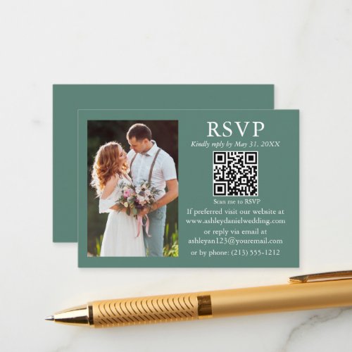 Wedding Minimalist Photo Eucalyptus Green QR RSVP Enclosure Card