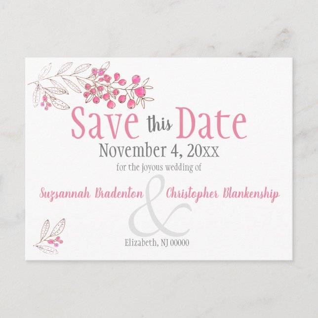 Wedding Minimalist Pink Berries Announcement (Front)