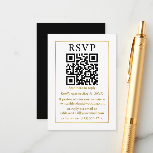 Wedding Minimalist QR Black White Gold RSVP Enclosure Card (Front/Back In Situ)