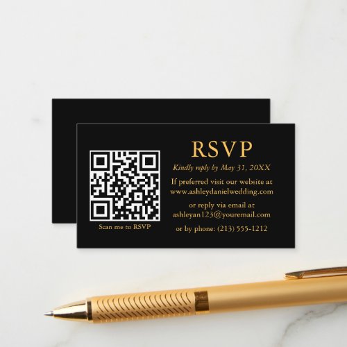 Wedding Minimalist Simple QR Black RSVP Gold Enclosure Card