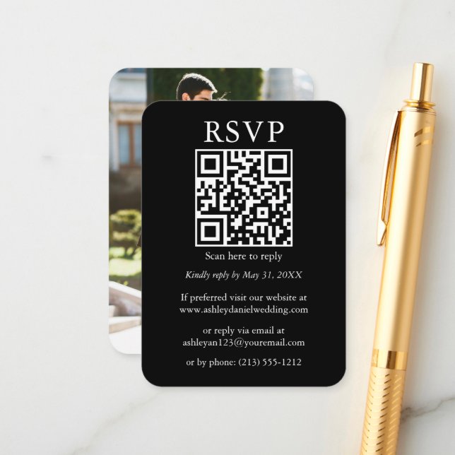 Wedding Minimalist Simple QR Photo Black RSVP Enclosure Card (Front/Back In Situ)