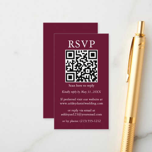 Wedding Minimalist Simple QR RSVP Burgundy Enclosure Card
