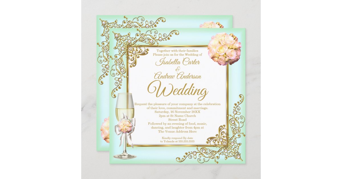 Elegant Mint Flower Wedding Invitation Template