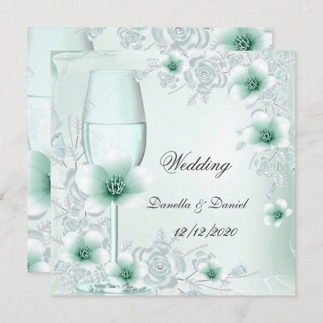Wedding Mint Green Floral Blossoms Roses Invitation (Front/Back)