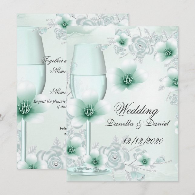 Wedding Mint Green Floral Blossoms Roses Invitation (Front/Back)