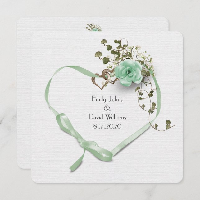 wedding mint green ribbon heart and rose bouquet invitation (Front/Back)