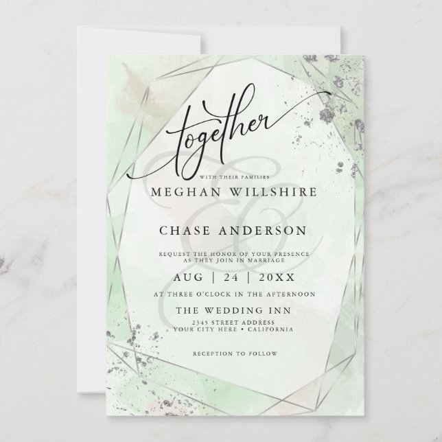 WEDDING | Mint Rose Silver  Dappled Watercolor  (Front)