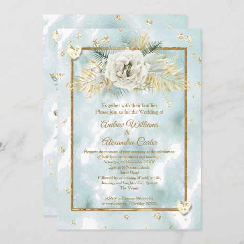 Wedding Mint Teal Gold marble Rose Floral Invitation