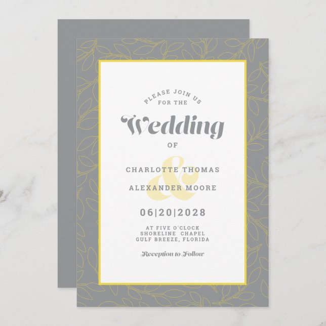Wedding Modern Abstract Leaves Pattern Gray Yellow Invitation (Front/Back)
