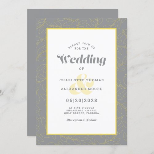 Wedding Modern Abstract Leaves Pattern Gray Yellow Invitation