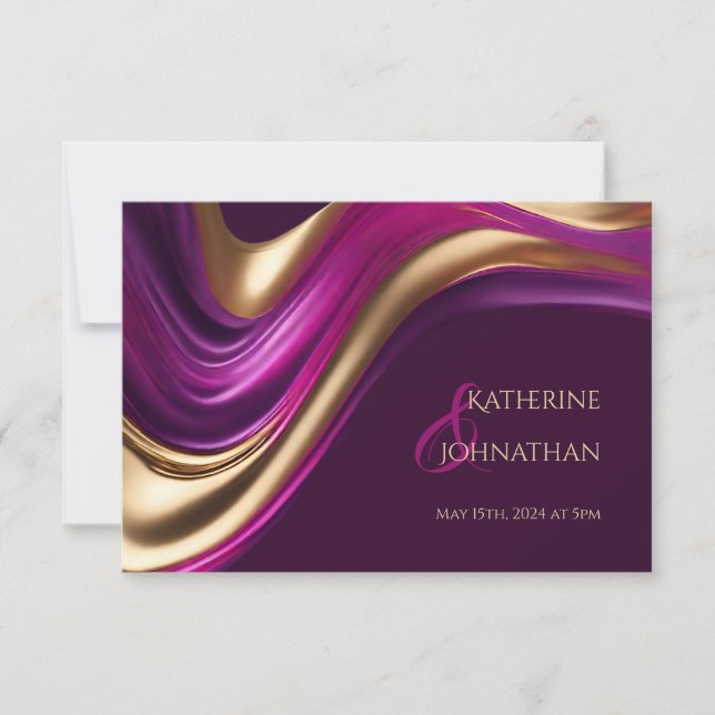 Wedding-Modern Abstract- Purple Fuchsia and Gold- RSVP Card (Front)
