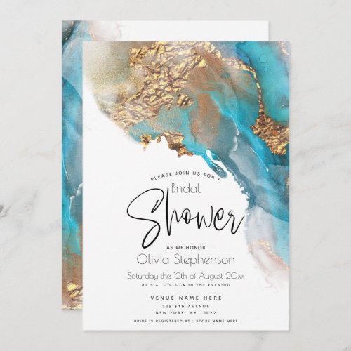 Wedding  Modern Abstract Teal Marbled Alcohol Ink Invitation