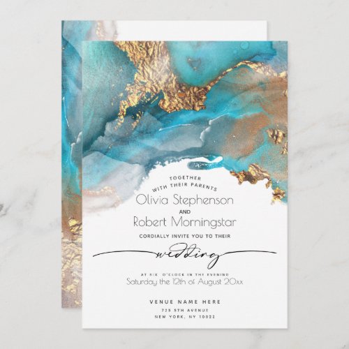 WEDDING   Modern Aqua and Gold Marbled Ink Invita Invitation