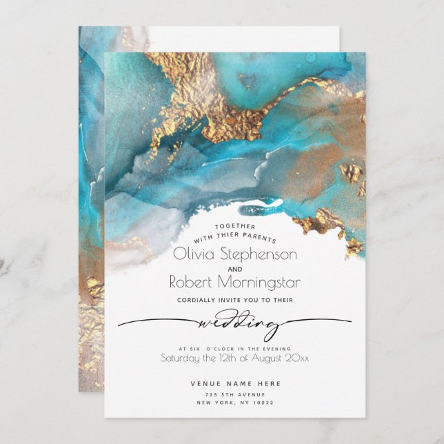 WEDDING  | Modern Aqua and Gold Marbled Ink Invitation (Front/Back)