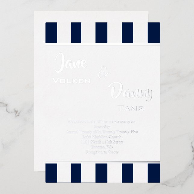 Wedding Modern Black & White Stripe with  Foil Invitation (Front/Back)